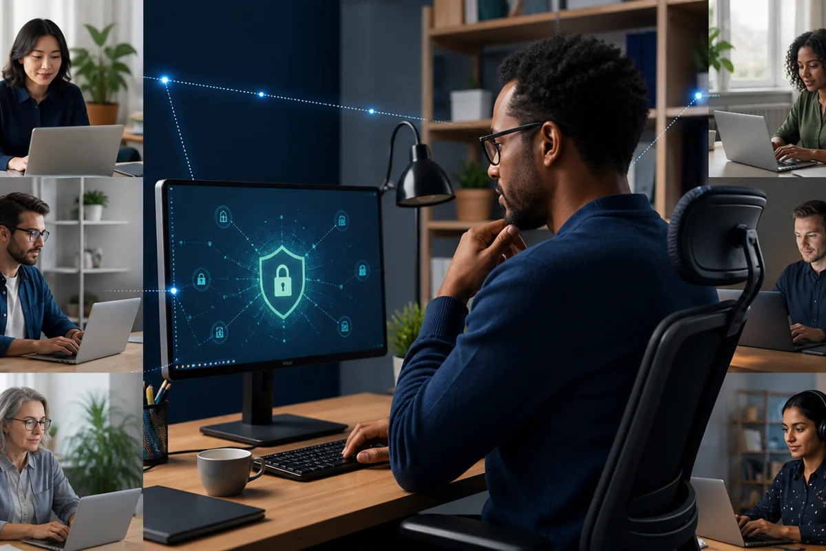 A distributed team using secure multi-factor authentication for remote work.
