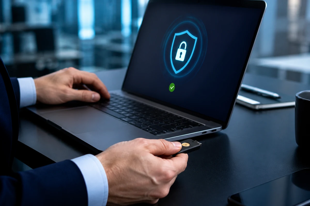 A physical security key used for phishing-resistant multi-factor authentication.