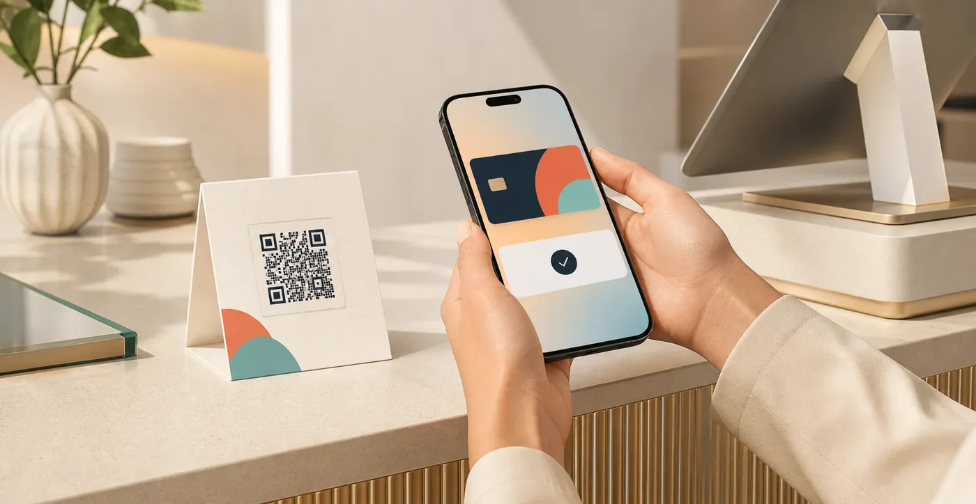 Um cliente escaneia um QR code no caixa e recebe um cartão digital de fidelidade no navegador.