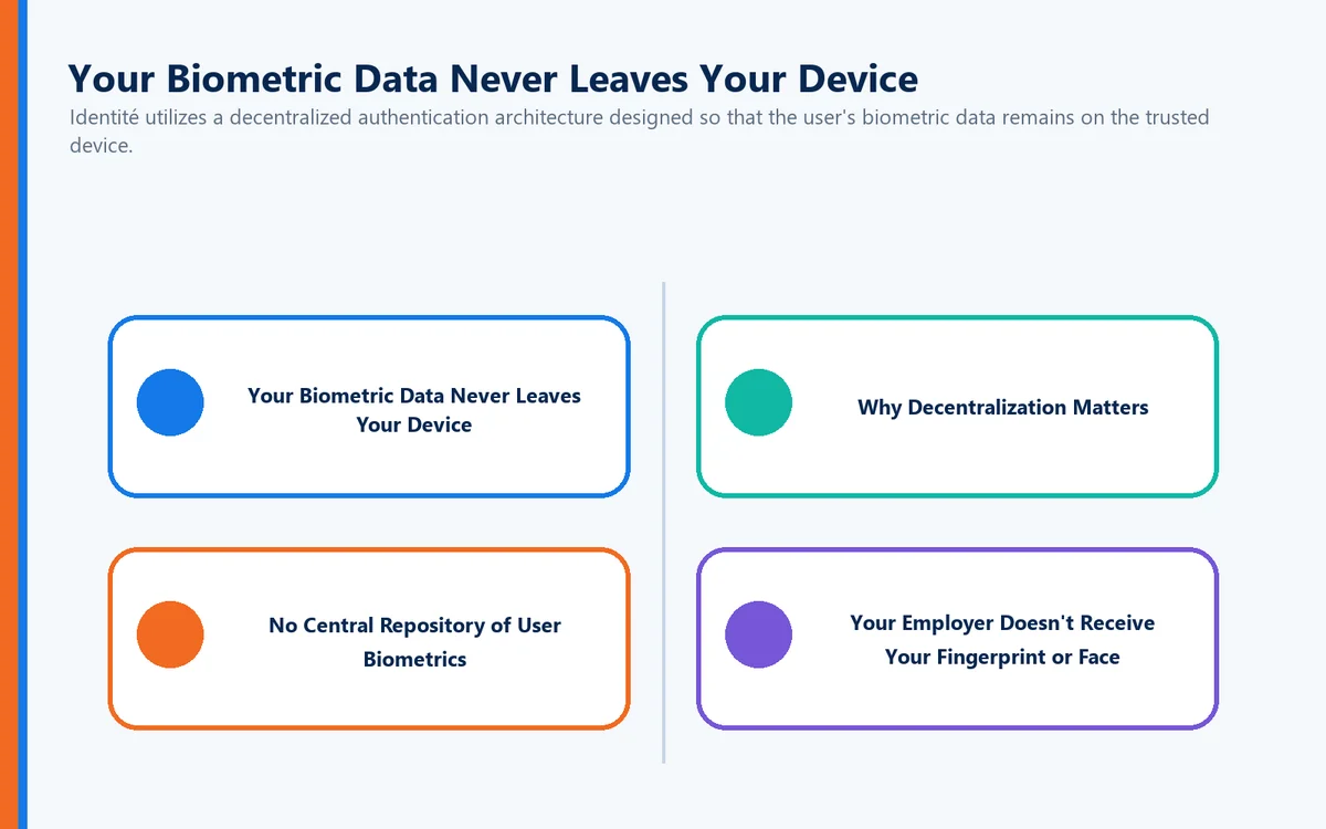 Matrix visual connecting Your Biometric Data Never Leaves Your Device, Why Decentralization Matters, No Central Repository of User Biometrics, Your Employer Doesn't Receive Your Fingerprint or Face