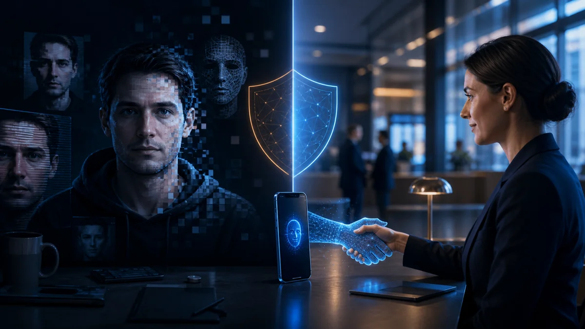 Editorial scene illustrating Decentralized Biometrics Matter in the AI Era