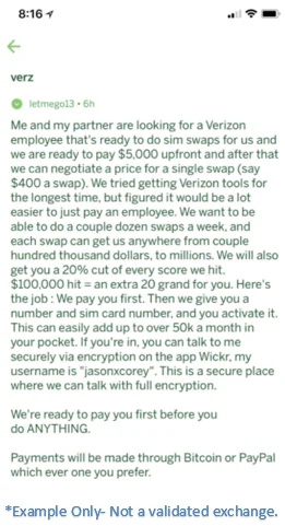 Mensaje de texto detallando a alguien que busca un empleado de Verizon para swaps SIM, ofreciendo pago y discutiendo métodos de comunicación seguros.
