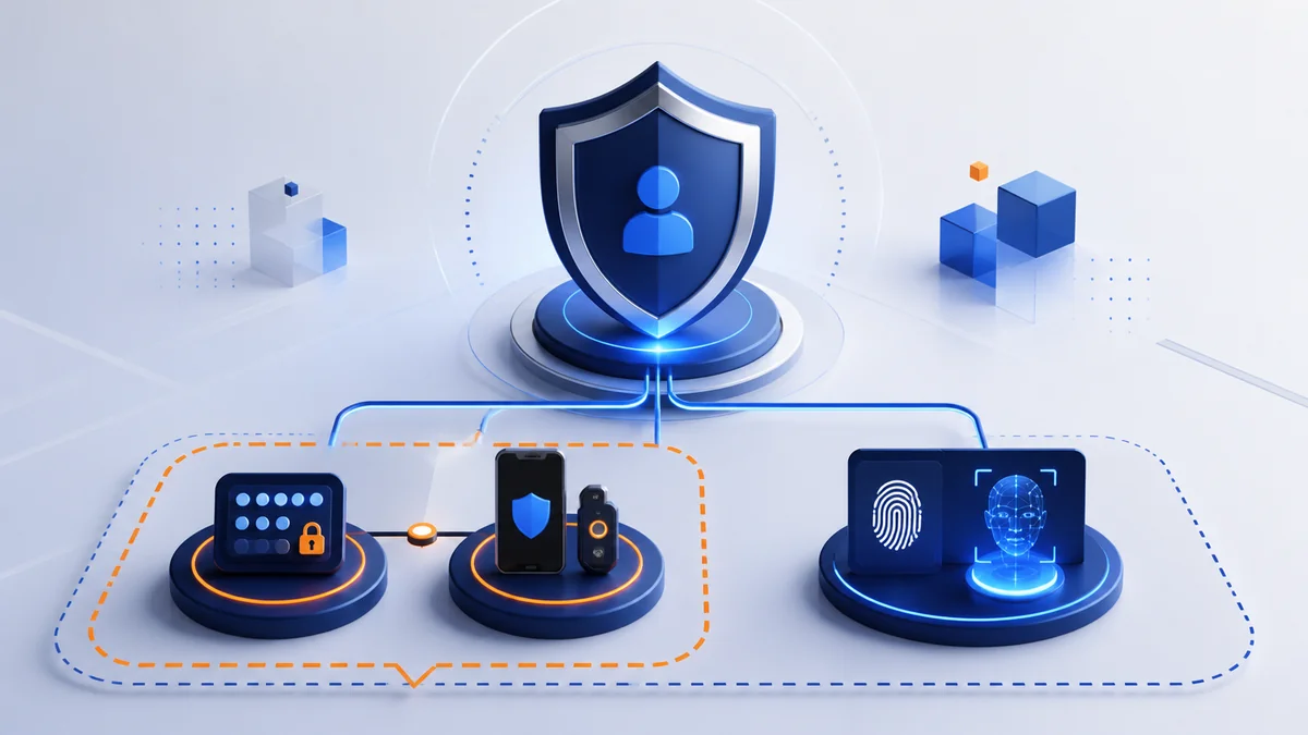 Two-factor authentication shown as a subset of broader multi-factor authentication using knowledge, device, and biometric factors.