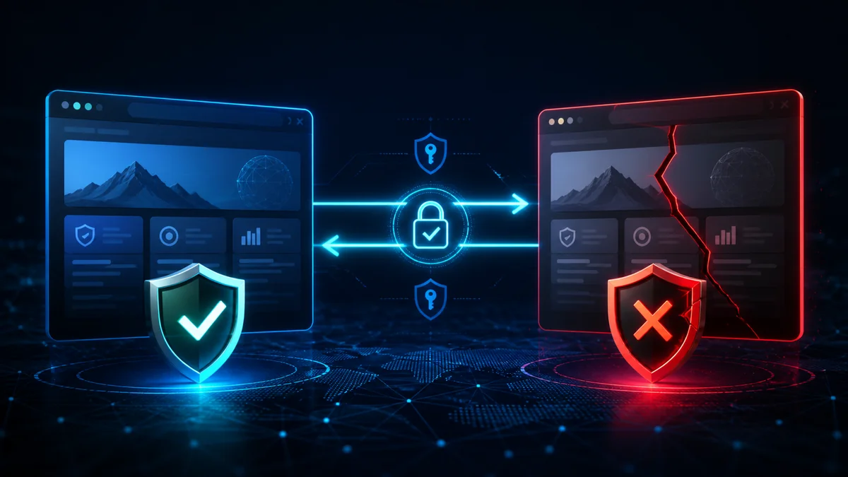 Un sitio web legítimo verificado y un sitio web impostor visualmente similar separado por controles de autenticación mutua.