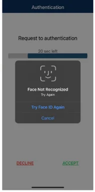 Face ID authentication screen showing "Face Not Recognized, Try Again." Options to "Try Face ID Again," "Cancel," "DECLINE," and "ACCEPT."