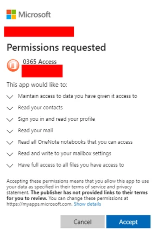Microsoft permissions request screen for app access to O365. Lists permissions like reading mail, contacts. Options to Cancel or Accept.