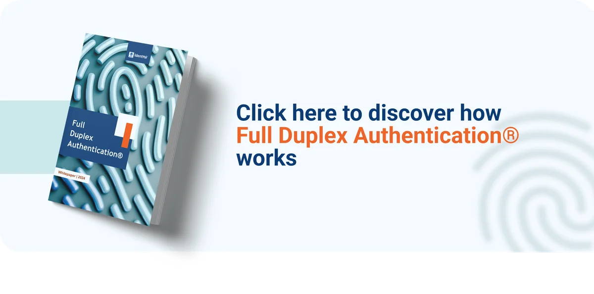 Book cover with abstract design titled "Full Duplex Authentication®". Text: "Click here to discover how Full Duplex Authentication® works." Background is light blue.