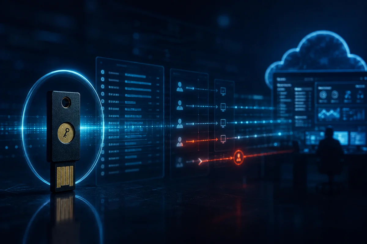 Un token de hardware passkey rodeado de tráfico de sesión interceptado, que ilustra un ataque al flujo de autenticación en lugar de la clave.