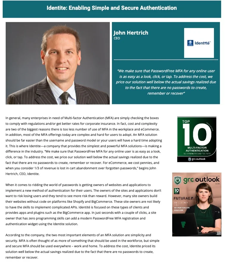 Hombre de traje con una cita sobre PasswordFree MFA. Texto: "John Hertrich, CEO", "Identite" y "Autenticidad de múltiples factores 10".