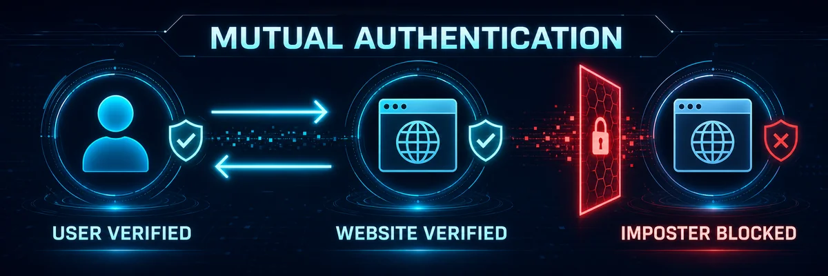 La autenticación mutua verifica tanto el usuario como el sitio web legítimo mientras bloquea un sitio impostor.
