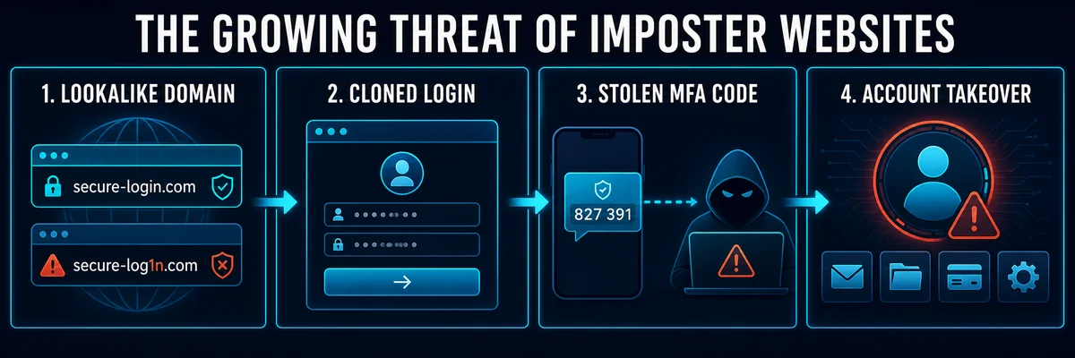 Ataque de cuatro etapas del sitio web impostor: dominio parecido, inicio de sesión clonado, código MFA robado y adquisición de cuentas.