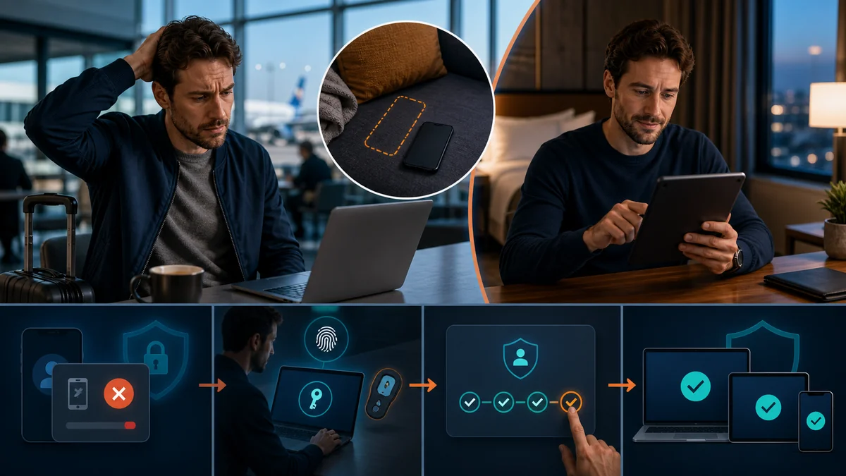Escena de ciberseguridad editorial que ilustra el verdadero problema no es perder el teléfono.