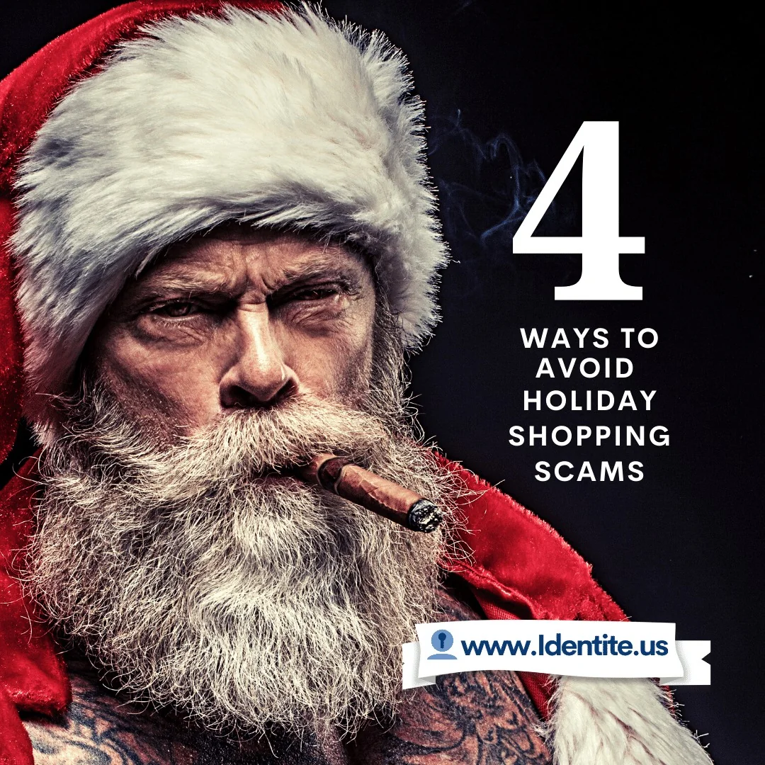 Santa en un sombrero rojo fuma un cigarro, con el texto "4 Maneras de evitar las estafas de compras de vacaciones" y un enlace web www.Identite.us.