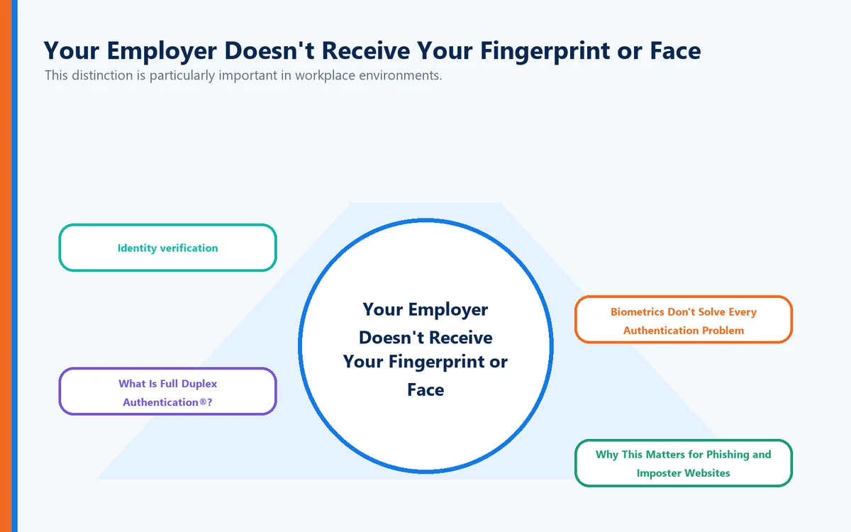 Spotlight visual connecting Your Employer Doesn't Receive Your Fingerprint or Face, Identity verification, Biometrics Don't Solve Every Authentication Problem, What Is Full Duplex Authentication®?
