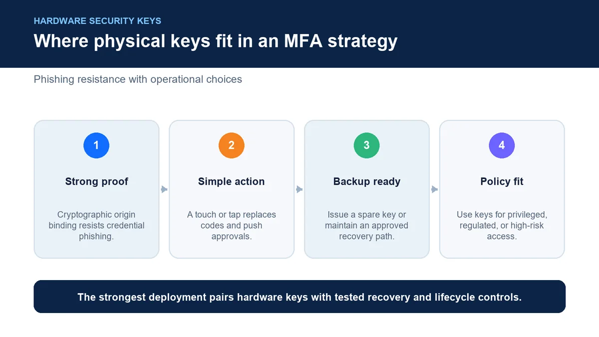 Estrategia MFA clave de hardware que equilibra la resistencia al phishing, la flexibilidad y la continuidad del negocio.