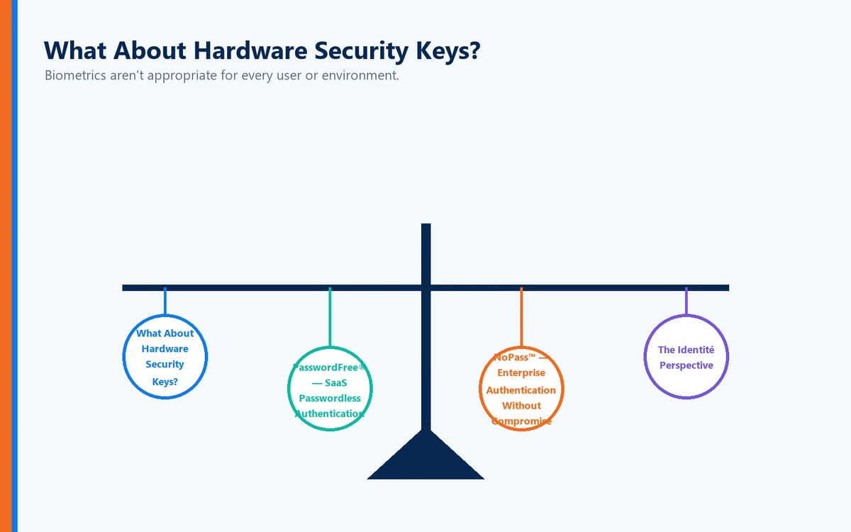Balance visual connecting What About Hardware Security Keys?, PasswordFree® — SaaS Passwordless Authentication, NoPass™ — Enterprise Authentication Without Compromise, The Identité Perspective