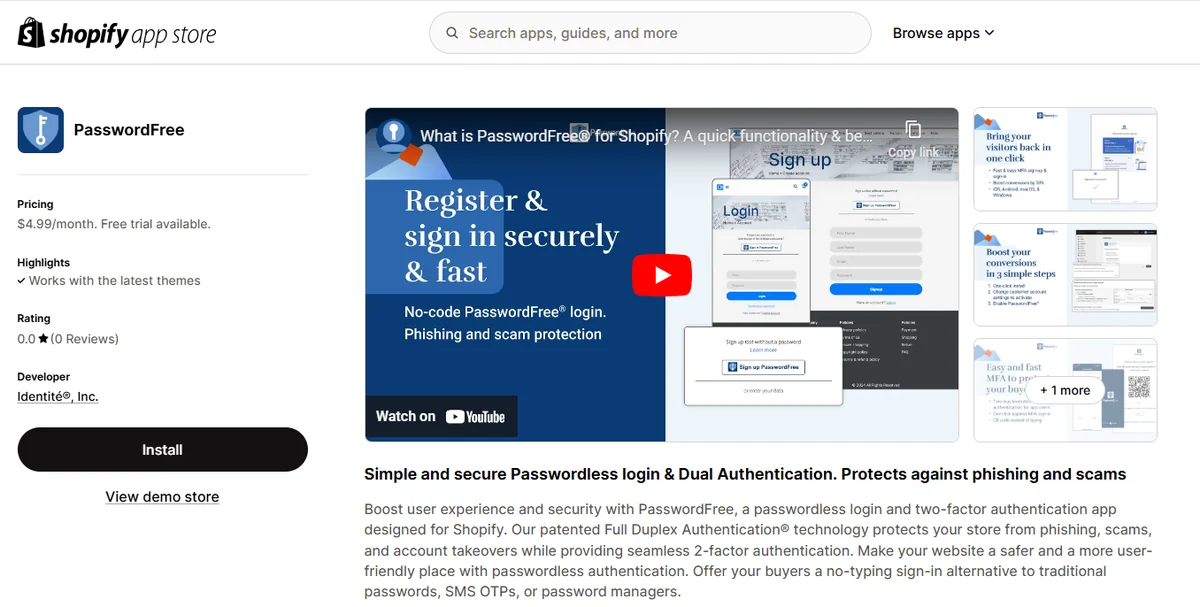 Página de listagem de PasswordFree em Shopify