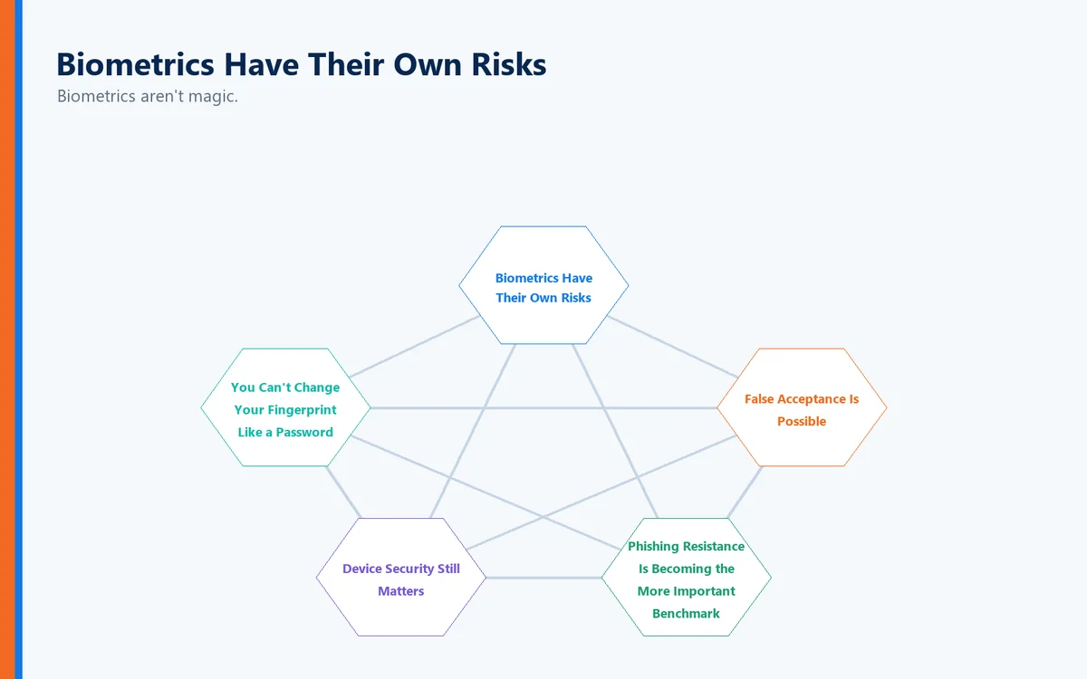 Network visual connecting Biometrics Have Their Own Risks, You Can't Change Your Fingerprint Like a Password, False Acceptance Is Possible, Device Security Still Matters