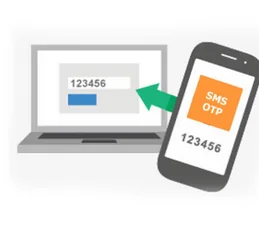 Phone displaying "SMS OTP" with the code 123456, next to a laptop showing the same code in an input box. Arrow indicates verification.