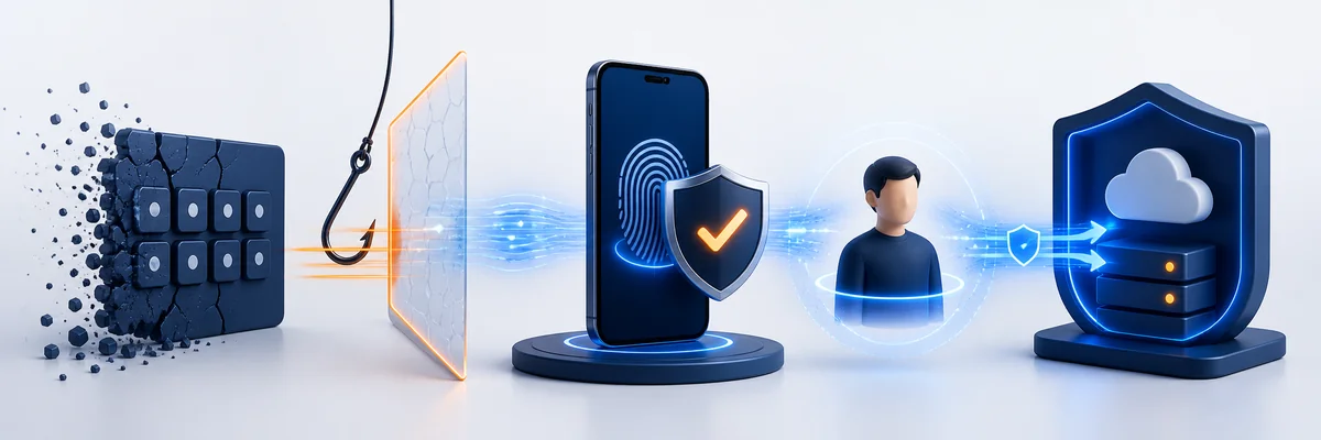 A phishing attempt blocked as passwordless biometric authentication creates a secure connection to a trusted service.
