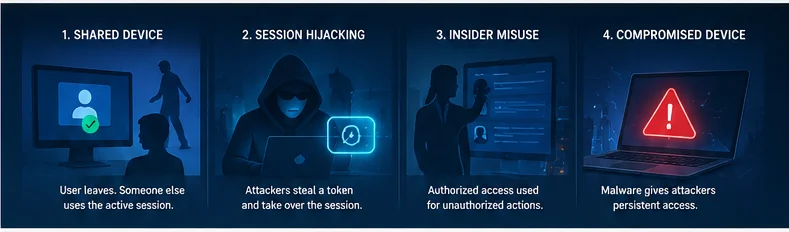 Four risks that can remain after login: shared devices, session hijacking, insider misuse, and compromised devices.