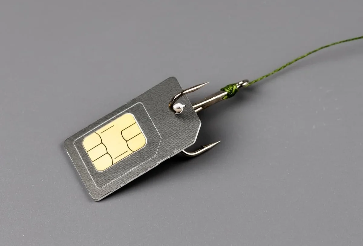 Una tarjeta SIM unida a un anzuelo sobre un fondo gris, que simboliza el phishing o el robo de datos. El gancho está atado con hilo verde.