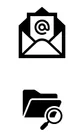 Envelope with @ symbol above a folder with magnifying glass icon, both in black on white background, symbolizing email and search.