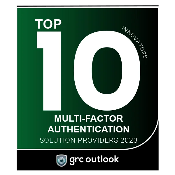 Top 10 Proveedores de soluciones de autenticación multifactorial 2023 de GRC Outlook, con un diseño verde y negro con un logotipo de escudo.