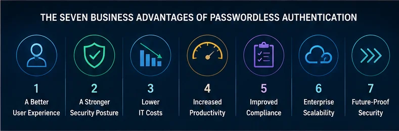 Seven business advantages of passwordless authentication, from user experience and lower IT costs to compliance and scalability.