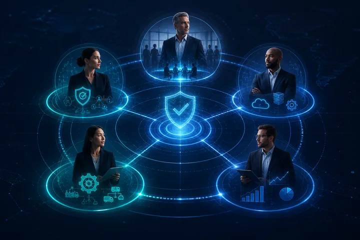 Ilustración editorial para ¿Cómo puede un modelo C-Suite digital mejorar la integración de seguridad de mi empresa?.