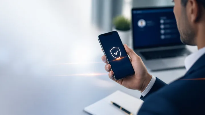Un profesional que aprueba una solicitud segura de autenticación multifactorial en un smartphone.