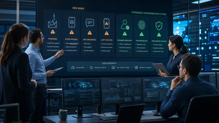 Un equipo de ciberseguridad que evalúa los puntos fuertes y los riesgos de la autenticación multifactorial.