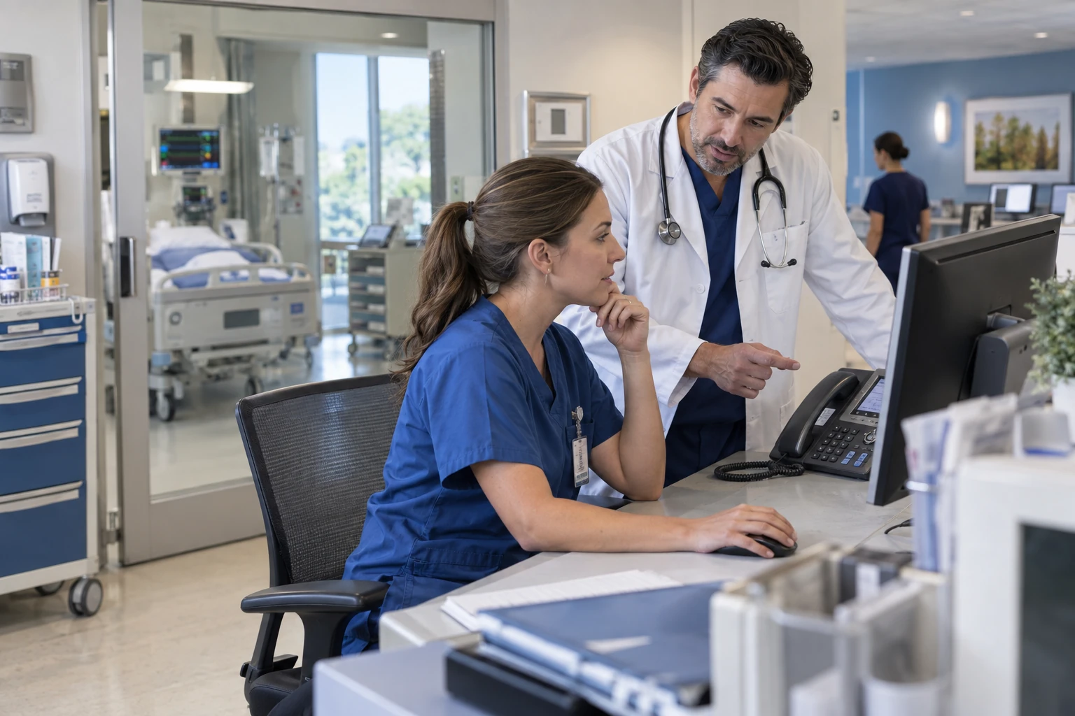 Profesionales clínicos revisando un expediente en una estación de trabajo del hospital