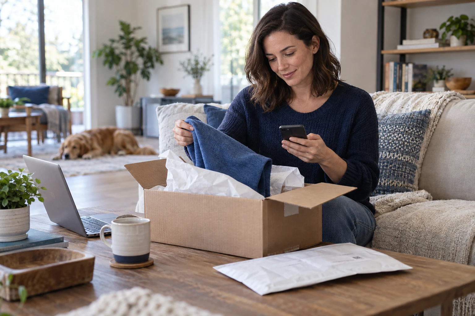 A customer checking an online order while unpacking a delivery