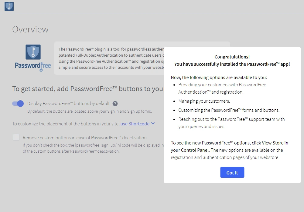 Confirmación de instalación del complemento PasswordFree de la guía WordPress