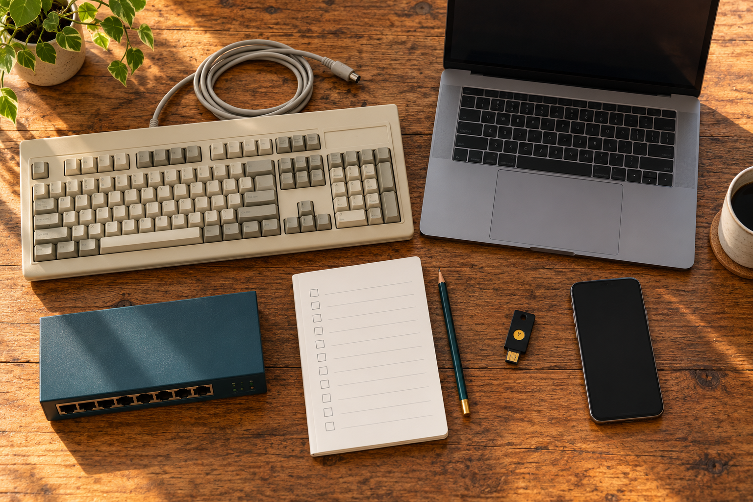Illustrative inventory of a legacy keyboard, laptop, security key, phone and network switch.