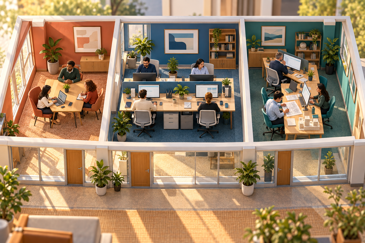 Illustrative office departments show that a rollout can expand in bounded groups while other teams continue working.