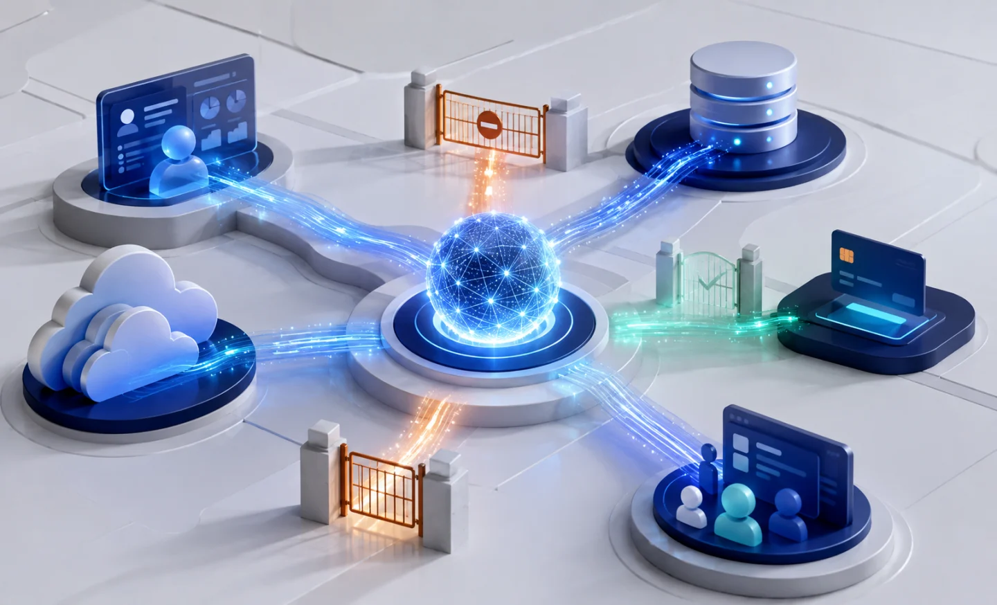 An AI agent identity connecting to cloud services, business applications, data and collaboration systems.