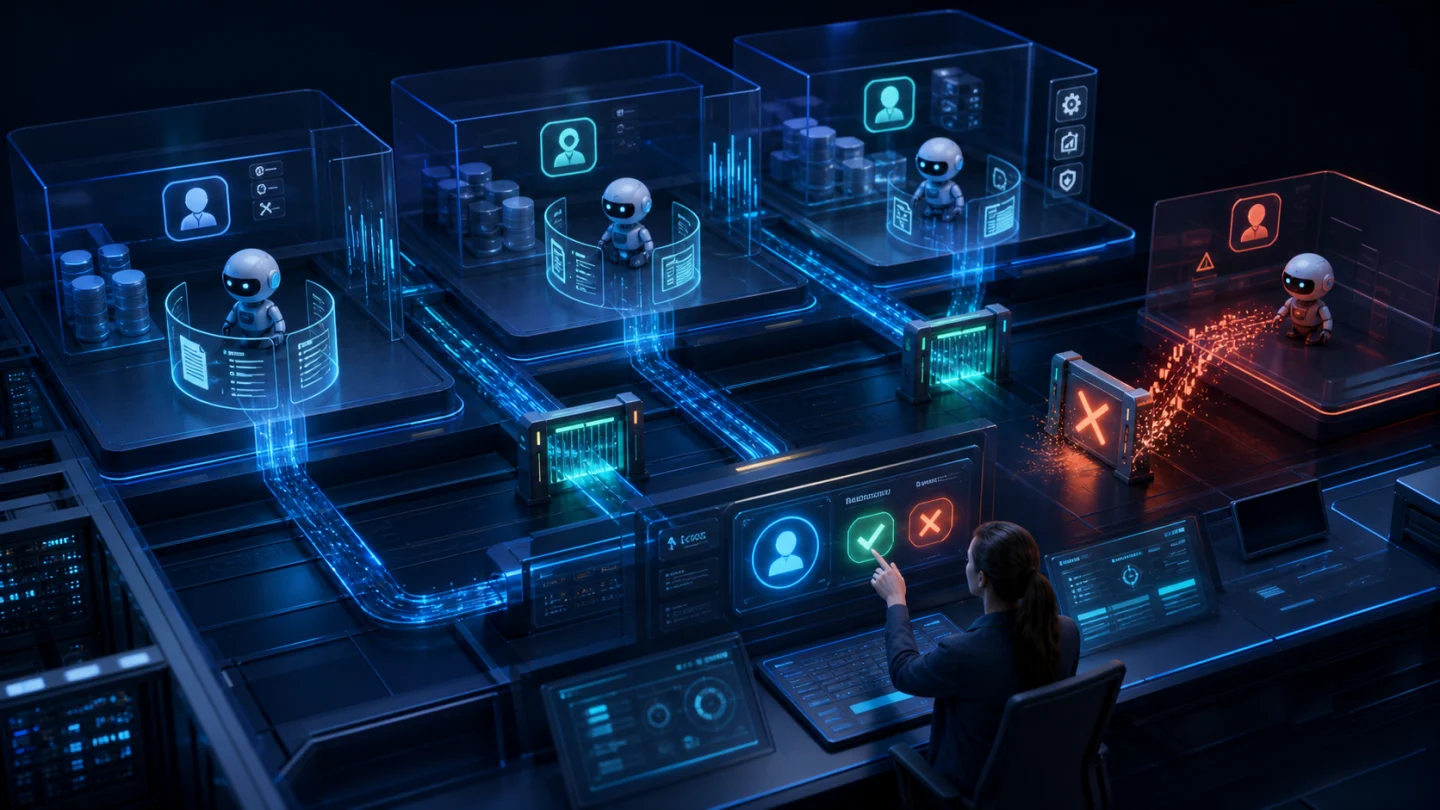 Concepto editorial que ilustra que los agentes de IA se están mudando a la empresa: siete errores que pueden convertir la automatización en un riesgo de seguridad