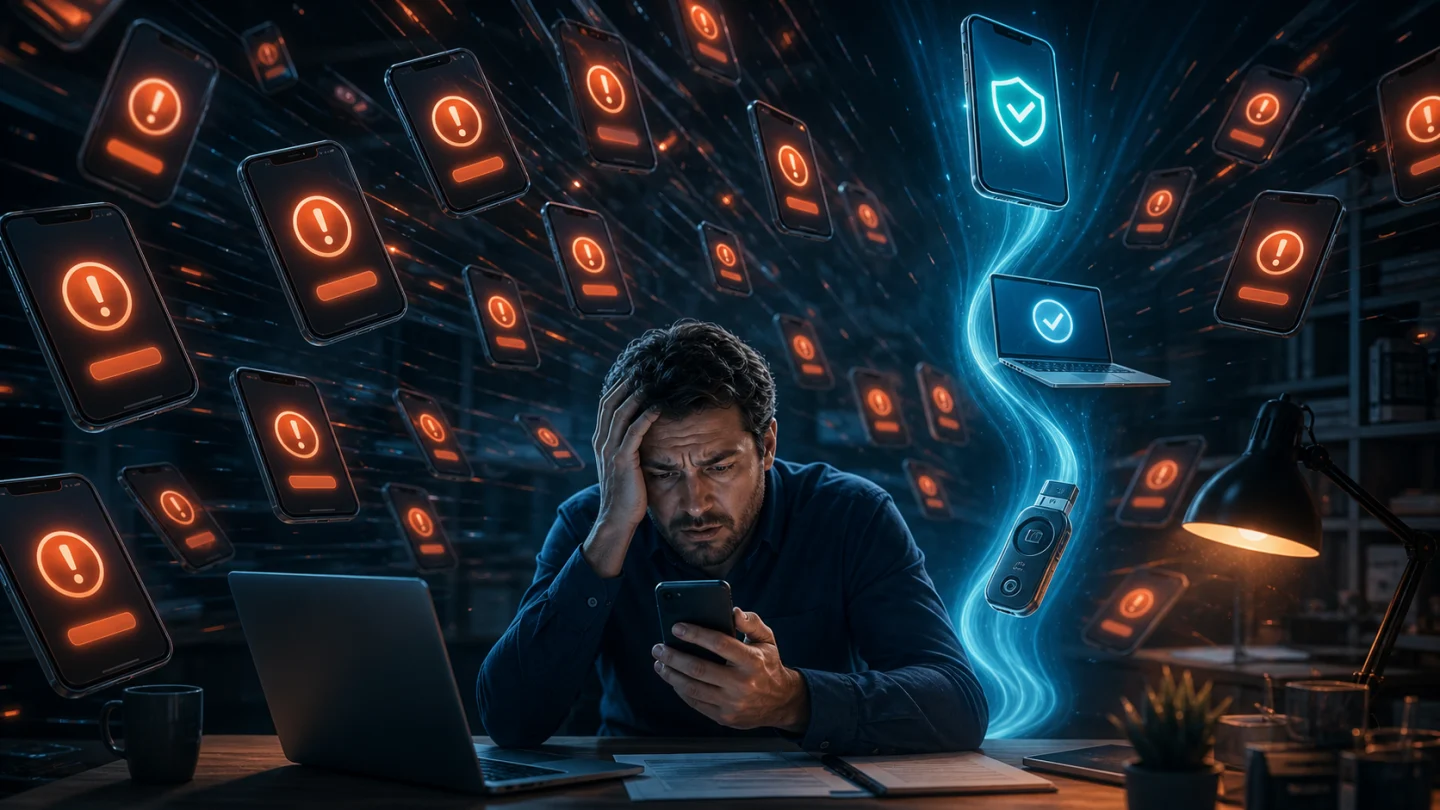 Editorial scene illustrating How Full Duplex Authentication® Changes the MFA Fatigue Conversation