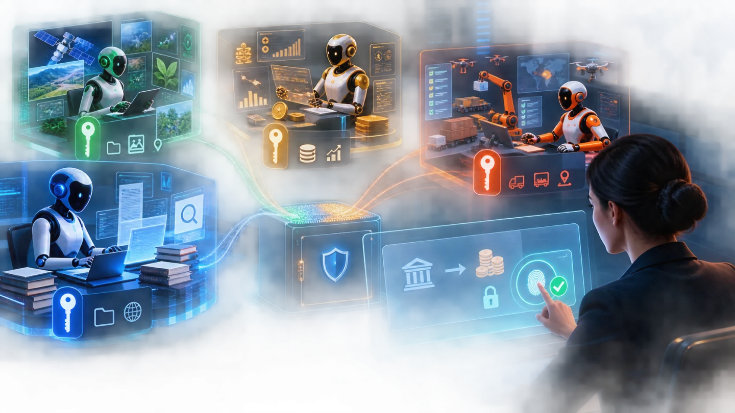 Escena editorial que ilustra Full Duplex Authentication® es particularmente relevante para la IA agente