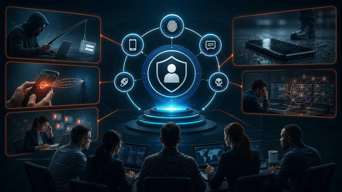Editorial cybersecurity scene illustrating Risk #3: MFA Fatigue and Push Notification Attacks.