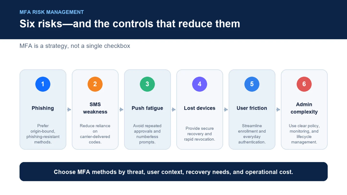 Seis riesgos MFA comunes y los controles que los reducen.