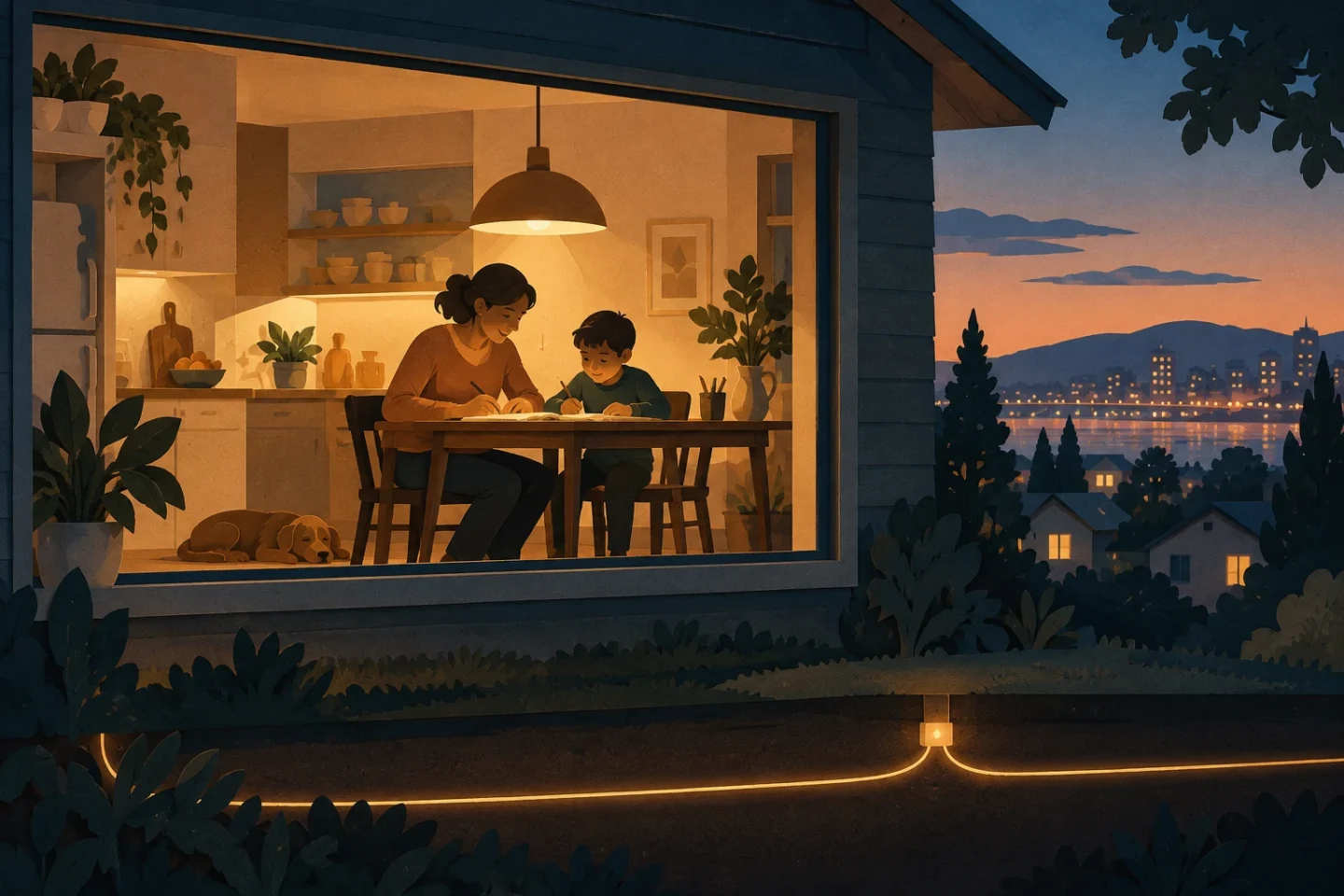 Mãe e filho trabalham sob uma luminária: a eletricidade possibilita atividades humanas sem exigir atenção.
