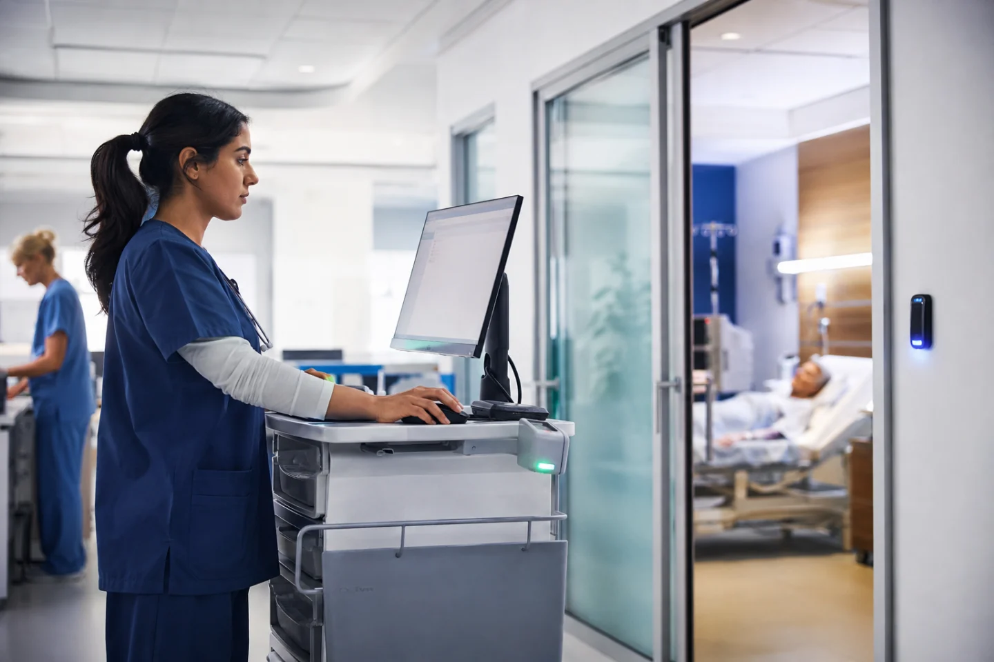 Un médico que usa autenticación contextual de baja fricción en una estación de trabajo del hospital.