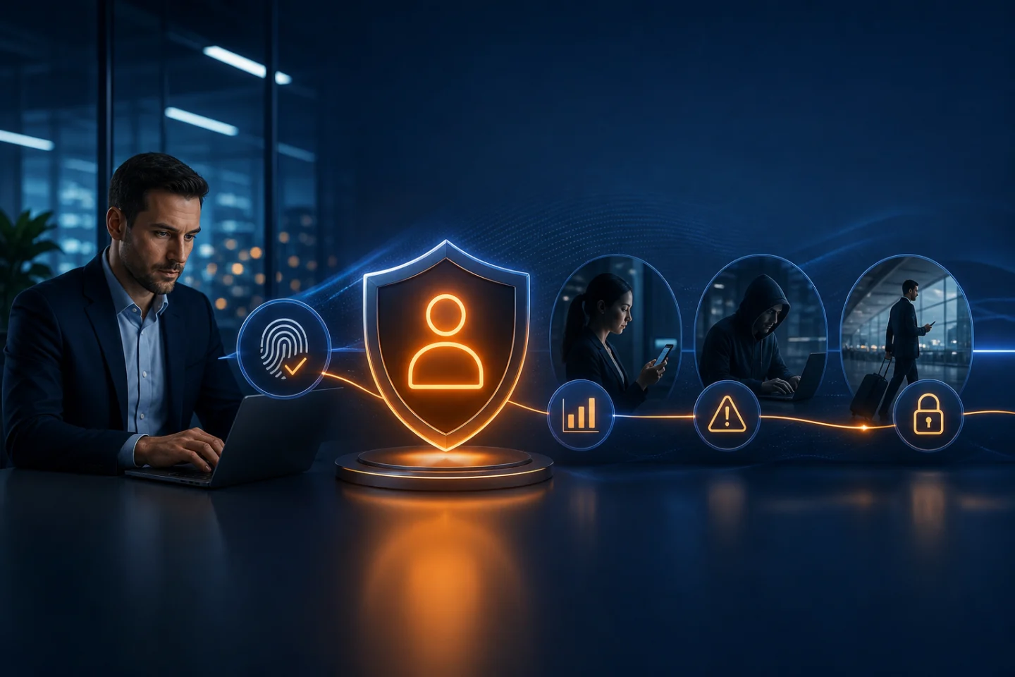Ilustración editorial para la crisis de identidad de Cybersecurity: Por qué la autenticación no puede terminar más en el inicio de sesión.