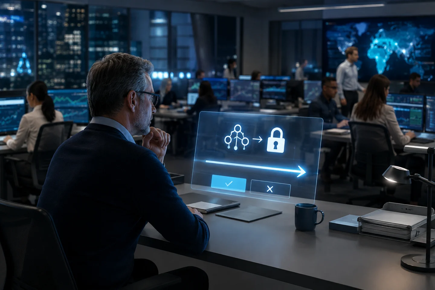 A security operator reviewing a consequential AI action before granting human authorization.