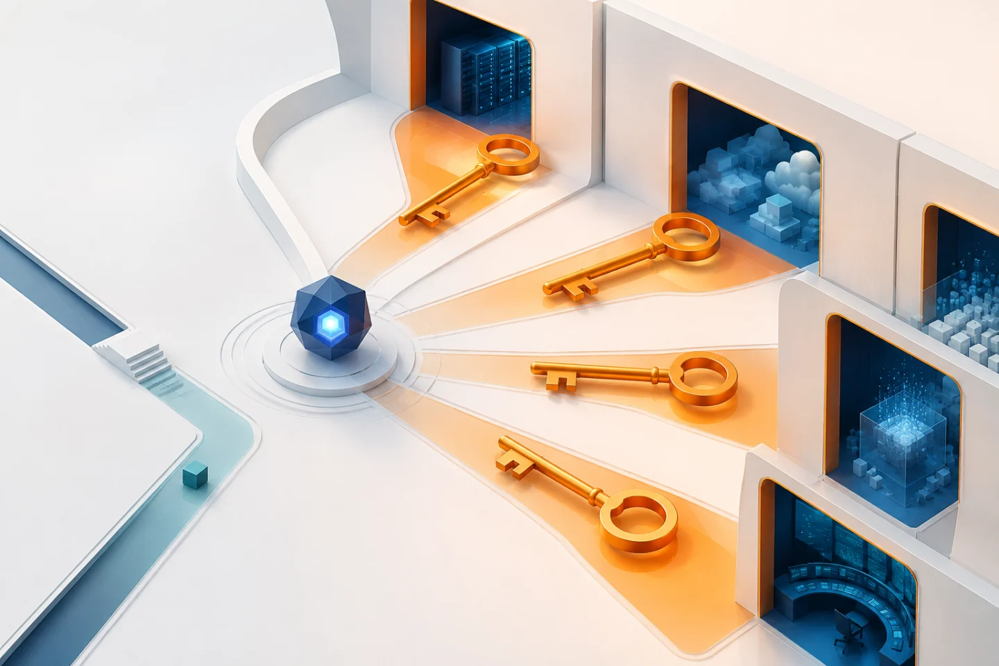 An autonomous agent holding multiple access keys to production systems, illustrating over-privileged machine authority.