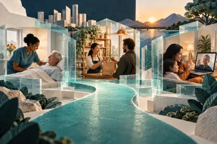 Human connections in healthcare, commerce and family life supported by quiet digital infrastructure.